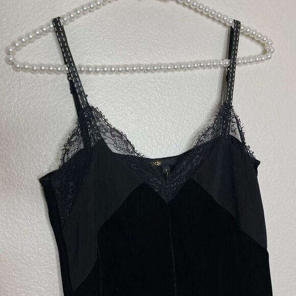 Maje Size 1 Black Velvet Sleeveless Top Lace Lisa Slip Camisole Faux Leather - Picture 2 of 12